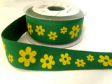 R7208C 30mm Printed Green Cotton Tape Ribbon with a Yellow Daisy Design