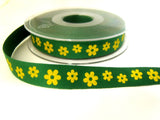 R7210 15mm Printed Green Cotton Tape Ribbon with a Yellow Daisy Design