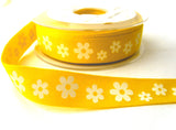 R7212C 20mm Printed Yellow Cotton Tape Ribbon with a White Daisy Design