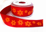 R7214C 30mm Printed Red Cotton Tape Ribbon with Orange Daisy Design