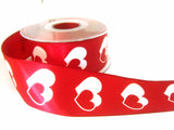R7222 39mm Deep Red and White Love Heart Design Ribbon, Wire Edge