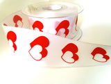 R7225 39mm White and Red Love Heart Design Ribbon, Wire Edge