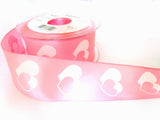 R7442 40mm Pink and White Love Heart Design Ribbon. Wire Edge