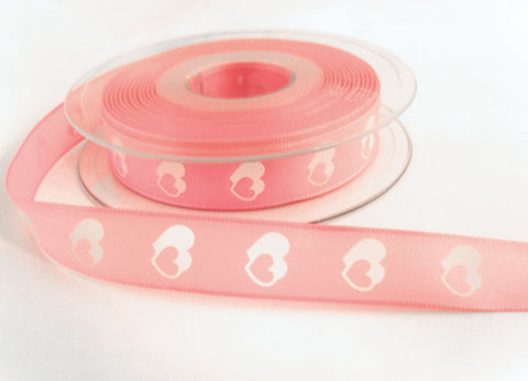 R7243 16mm Pink and White Love Heart Design Ribbon. Wire Edge