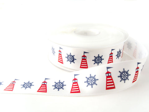 R7246 15mm White Satin Ribbon with a Nautical Print by Berisfords
