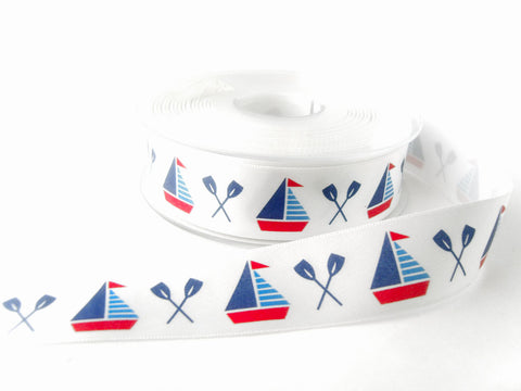 R7247 25mm White Satin Ribbon with a Yacht Sailing Themed Print