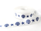 R7179 25mm White Satin Ribbon, Navy Seashell and Starfish Print