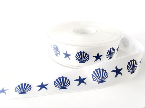 R7179 25mm White Satin Ribbon, Navy Seashell and Starfish Print
