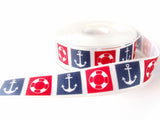 R7252 15mm White Satin Ribbon with a Printed Nautical Themed Design