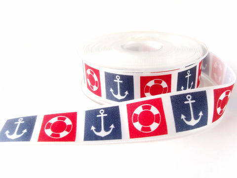 R7251 25mm White Satin Ribbon with a Printed Nautical Themed Design