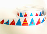R7257 25mm White Satin Ribbon with a Triangle Themed Printed Design