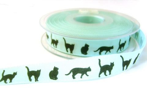 R7263 16mm Blue Rustic Taffeta Ribbon with Printed Black Cats Design