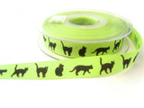 R7268 16mm Green Rustic Taffeta Ribbon, Printed Black Cats Design