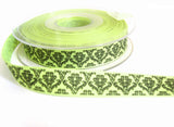 R7270 15mm Green Rustic Taffeta Ribbon, Printed Black Baroque Design