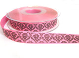 R7273 15mm Pink Rustic Taffeta Ribbon, Printed Black Baroque Design
