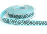 R7276 15mm Blue Rustic Taffeta Ribbon, Printed Black Baroque Design