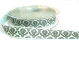 R7282 15mm Petrol Rustic Taffeta Ribbon, Printed Black Baroque Design