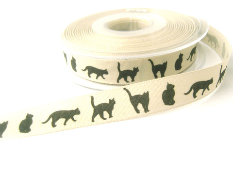 R7285 16mm Natural Rustic Taffeta Ribbon, Printed Black Cats Design