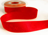 R7290 25mm Red Satin Ribbon with a Subtle Jacquard Rose Tonal Design