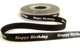 R7304 11mm Black Satin Ribbon with a Metallic Silver "Happy Birthday" Print
