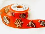 R7336 40mm Orange and Brown Christmas Print Ribbon, Wire Edge