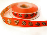 R7337 16mm Orange and Brown Christmas Print Ribbon, Wire Edge