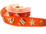 R7364C 25mm Orange and Brown Christams Design Ribbon. Wire Edge