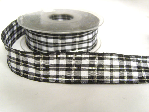 R7404 26mm Black and White Tartan Ribbon with Thin Metallic Silver Stripes