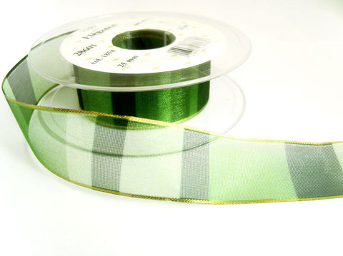 R7448 27mm Greens Sheer Ribbon with Metallic Borders