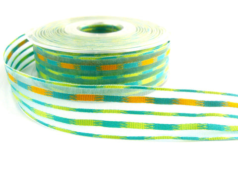 R7487 25mm Blue, Lime and Marigold Silk and Sheer Stripe Ribbon