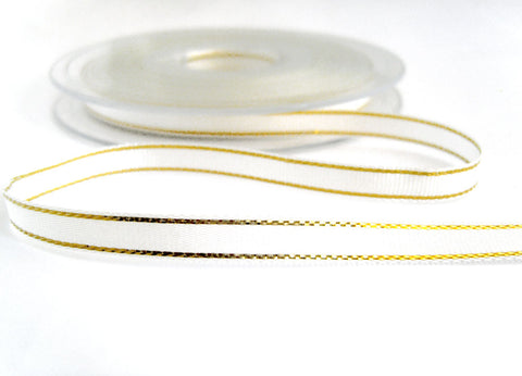 R7525 7mm Bridal White Polyester Ribbon with Thin Metallic Gold Stripes