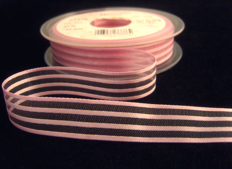 R7544 15mm Pale Rose Pink Satin and Sheer Striped Ribbon by Berisfords