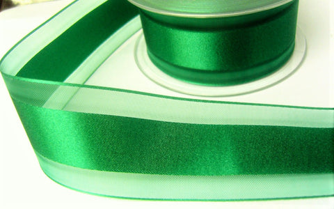 R7737 40mm Green Double Face Satin and Sheer Striped Ribbon by Berisfords