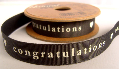 R7746C 15mm Charcoal Printed Grosgrain Ribbon by Berisfords. congratulations - Ribbonmoon