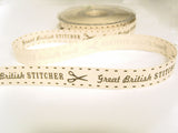 R7750 15mm Natural and Taupe Great British STITCHER Printed Ribbon