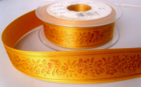 R7784 25mm Tonal Dark Gold Satin Ribbon with a Flowery Design - Ribbonmoon