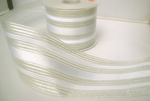 R7789 70mm Translucent, White Satin and Metallic Silver Striped Ribbon - Ribbonmoon