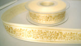 R7792 25mm Ivory Satin Ribbon with a Tonal Straw Gold Flowery Design - Ribbonmoon