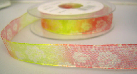 R7804 16mm Pink, Sunny Lime and Natural Flowery Design Sheer Ribbon - Ribbonmoon
