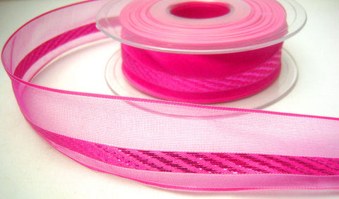 R7812 30mm Fuchsia Pink Sheer Ribbon with a Metallic Woven Stripe - Ribbonmoon