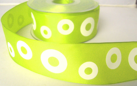 R7824 40mm Lime Green Taffeta Ribbon with Printed White Rings Design - Ribbonmoon