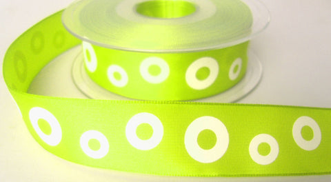 R7825 25mm Lime Green Taffeta Ribbon with Printed White Rings Design - Ribbonmoon