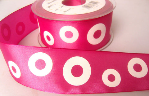 R7831 40mm Fuchsia Pink Taffeta Ribbon with Printed White Rings Design - Ribbonmoon