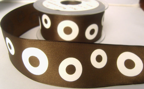 R7841 40mm Brown Taffeta Ribbon with Printed White Rings Design - Ribbonmoon