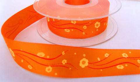 R7877 25mm Orange Soft Touch Taffeta Ribbon with an Embossed Flower Print - Ribbonmoon