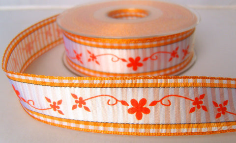 R7879 25mm Orange and White Flowery and Gingham Ribbon - Ribbonmoon