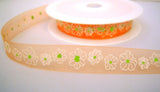 R7896 17mm Apricot Sheer Ribbon with a White and Lime Green Flower Design - Ribbonmoon