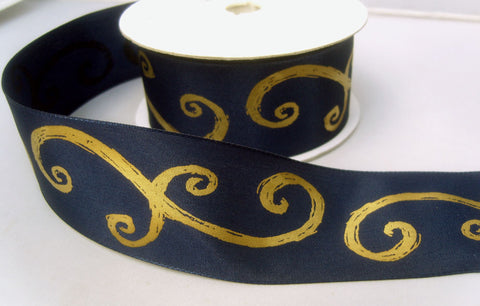 R7897 40mm Navy Taffeta Ribbon with a Metallic Gold Print - Ribbonmoon