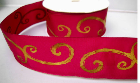 R7898 40mm Fuchsia Taffeta Ribbon with a Metallic Gold Print - Ribbonmoon