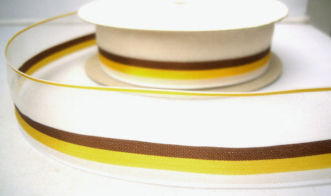 R7924 30mm Ivory Sheer Ribbon with Solid Yellow and Brown Stripes and Borders - Ribbonmoon